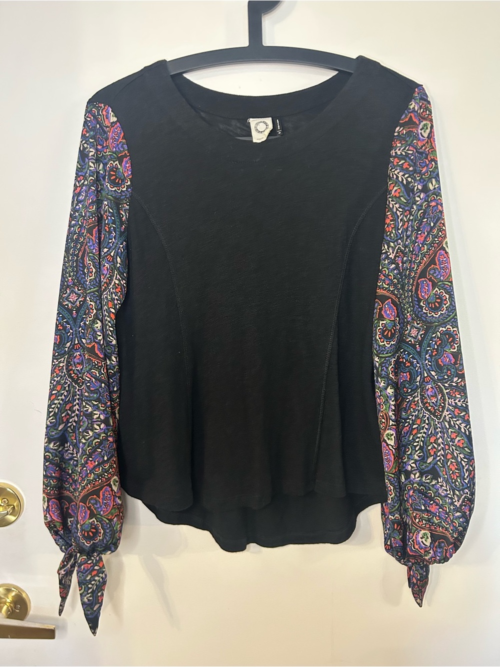 Anthropologie Women’s Akemi + Kin Black Top with Paisley Balloon Sleeves